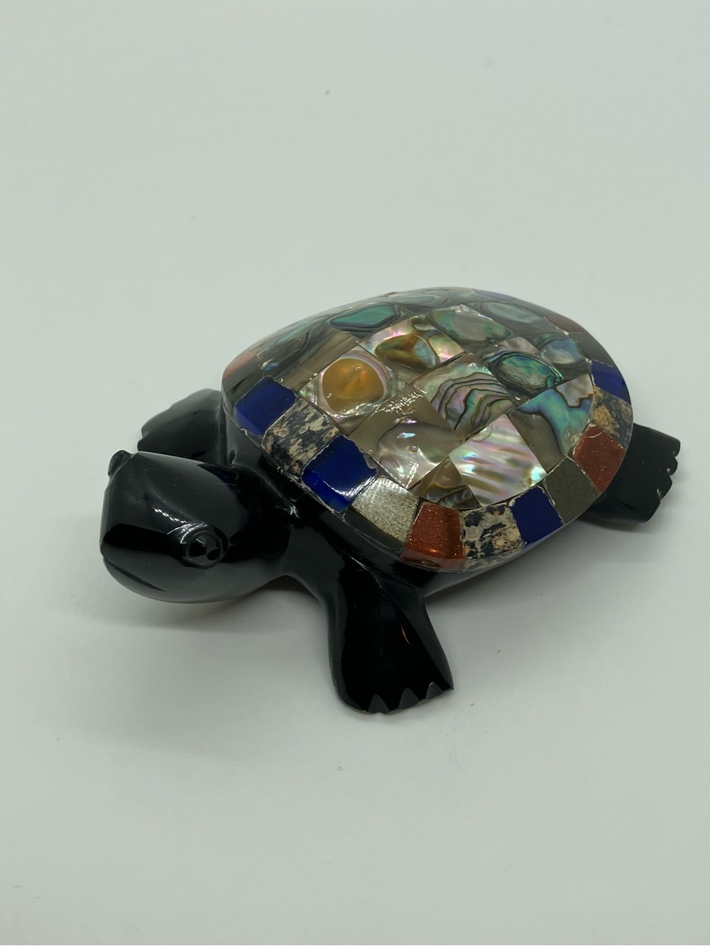 Vtg Mexican Carved Obsidian Turtle Abalone Gemstone Paperweight